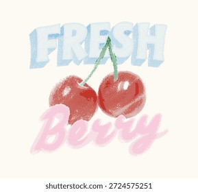 Fresh Berry typography design. Cherry print design in vector. vintage fruit print t-shirt design. summer food fashion design.