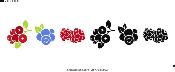 Fresh berry vector illustration. Isolated raspberry blackberry blueberry cranberry and berry with leaves. Vegan food silhouette