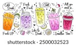 Fresh up beverage, fruit or vegetable refreshment smoothies drinks doodle hand drawn design set. Vegetarian organic juicy lemonade, natural milkshake, diet detox food menu vector illustration