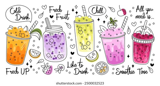 Bebida fresca, batidos de refresco de frutas o verduras, bebidas dibujadas a mano. Limonada jugosa orgánica vegetariana, batido de leche natural, dieta de desintoxicación menú Ilustración vectorial