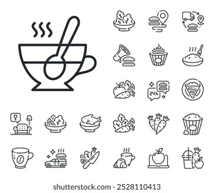 Signo de bebida fresca. Crepe, palomitas dulces y iconos de contorno de ensalada. Taza con el icono de la línea de la cuchara. Latte o símbolo de café. Signo de línea de taza de té. Pasta de espagueti, icono de jugo fresco. Cadena de suministro. Vector