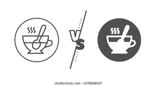 Fresh beverage sign. Versus concept. Cup with spoon line icon. Latte or Coffee symbol. Line vs classic tea cup icon. Vector