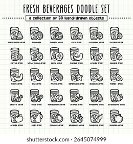Fresh beverages hand-drawn doodle art illustrations and elements. felt-tip pen marker style on grid paper, great for various creative design uses.