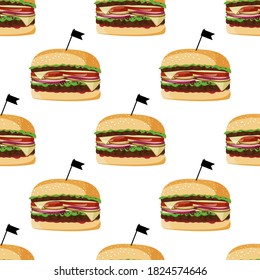 Fresh big burger seamless pattern. Meal colorful background.