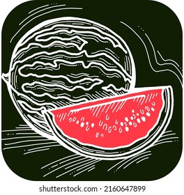 Frische große grüne und rote Wassermelone. Süße Früchte für fröhliche Sommerzeit und Urlaubsstimmung. Geschmackvolle veganische Bio-Dessert Snack zu essen. Handgezeichnete Vintage-Vektorgrafik. Alte Zeichnung.