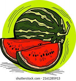 Fresh big green and red watermelon. Sweet fruit for happy summer time and holiday mood. Tasty vegan organic natural dessert snack to eat. Hand drawn vintage vector illustration. Cartoon style drawing.