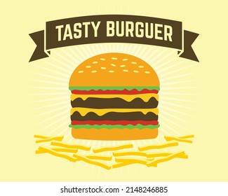 Fresh big tasty burguer with french fries poster banner. Fast food menu icon vector illustration design.