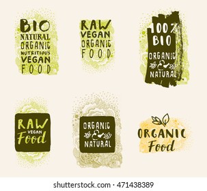 Fresh Bio Organic Natural Raw Vegan Nutritious Food. Vector hand drawn restaurant, cafe, bakery menu labels, badges, stickers, logos, banners, posters with zen doodle background