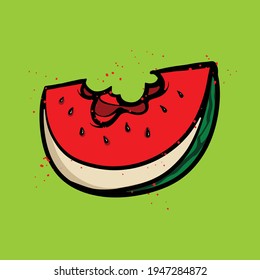 Dibujo vectorial de la sandía mordida fresca. Ilustración de la fruta con efecto de rigidez