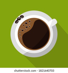 fresh black arabic coffee cup top view symbol. logo from above isolated flat design sign. bubbles foam espresso icon & energy beans on plate vector cartoon. good morning closeup. cafe art illustration