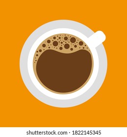 fresh black arabic coffee cup top view symbol. logo from above isolated flat design sign. bubbles foam espresso icon & energy beans on plate vector cartoon. good morning closeup. cafe art illustration