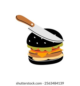 Fresh black burger with knife. Traditional American fast food. Vector illustration.