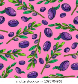 Fresh black Greek olives from the Mediterranean on branches with green leaves. Seamless pink background with pattern.
