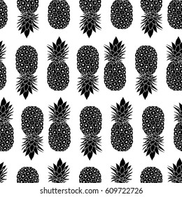 Fresh Black and White Pineapples Geometric Vector Repeat Seamless Pattrern in Classic Colors. Great for fabric, packaging, wallpaper, invitations.