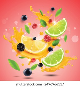Fresh Blackberry, cherries, lime slice with splash background.