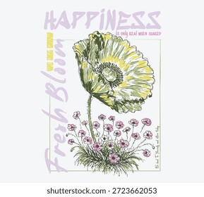 Tipografía de eslogan Fresh Bloom, diseño de impresión de texto de felicidad. gráficos de flores. dibujo a mano arte de línea. vibraciones tropicales de verano. sudor gráfico de camiseta para mujeres y niñas