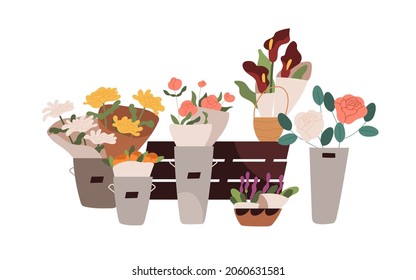 Fresh blooming flowers, floral plants and bouquets composition. Cut blossomed flora in buckets, pots and vases in store, flowershop. Colored flat vector illustration isolated on white background