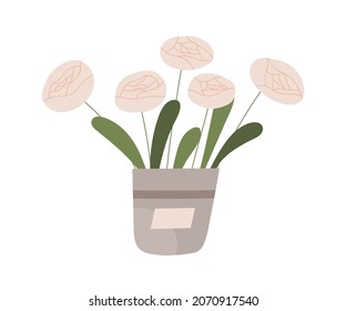 Fresh blossomed cut flowers in bucket for sale. Rose bouquet in vase. Blooming floral plant with leaves. Elegant spring buds with lush petals. Flat vector illustration isolated on white background