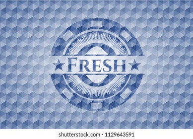 Fresh blue emblem or badge with abstract geometric pattern background.