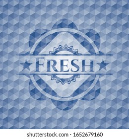 Fresh blue emblem or badge with abstract geometric pattern background. Vector Illustration. Detailed.