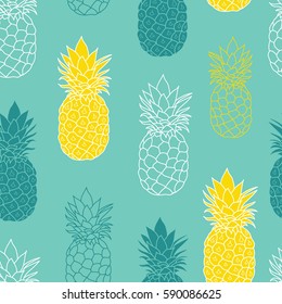 Fresh Blue Green Yellow Pineapples Vector Repeat Seamless Pattrern. Great for fabric, packaging, wallpaper, invitations.