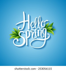 Fresh blue Hello Spring background with flowing white text and green leaves over a glowing graduated blue square background , vector illustration.