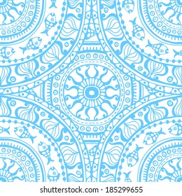 Fresh blue nautical ethnic lace seamless pattern. All objects are conveniently grouped on different layers and are easily editable.