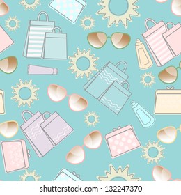 Fresh blue seamless summer background pattern with the sun, sunglasses, cosmetics and bags in a random scatter conceptual of travel and vacation