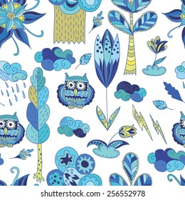 Fresh blue spring doodle pattern | Children illustration with trees owls flowers clouds for fabric and paper design