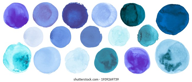 Fresh Blue Watercolor Dots. Isolated Grunge Spots on Paper. Ink Splash Illustration. Hand Paint Watercolor Dots. Abstract Rounds Drawing. Indigo Shapes. Brush Stroke Blots. Blue Watercolor Dots.