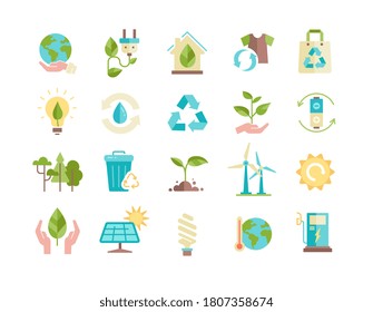 Fresh blue, yellow and green ecology icons showing natural and organic products, green energy, recycling on white, colored vector illustration