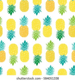 Fresh Blue Yellow Green Pineapples Vector Repeat Seamless Pattern in Green and Yellow Colors. Great for fabric, packaging, wallpaper, invitations.