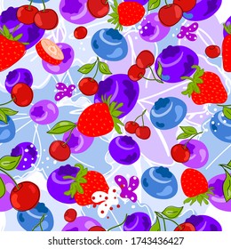 Fresh blueberries, strawberries, cherries, fruits, juice, splash, juicy spray on an abstract background. Doodle seamless texture. Minimal Style. Vector handwriting illustration. Hand-drawn. Vegetarian