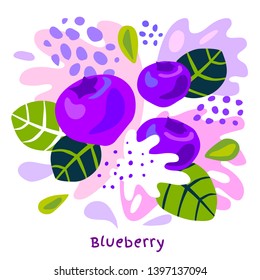 Fresh blueberry berry berries fruits juice splash organic food juicy blueberries splatter on abstract background vector hand drawn illustrations
