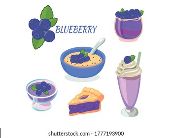 Fresh Blueberry Fruit Icon Set. Abstract Blueberries Cartoon Vector Illustration.  Blue Berry Food Smoothie, Jam, Cake, Juice, Milkshake, Cocktail Isolated On White Background