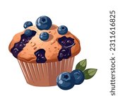 Fresh blueberry muffin with creamy chocolate icing icon isolated