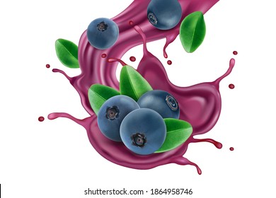 Fresh Blueberry splashing with liquid of berry fruits. Of free space for your copy and branding. Food concept for Advertising.
