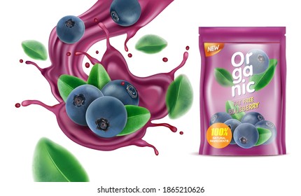 Fresh Blueberry splashing with Packaging mock up. Of free space for your copy and branding. Food concept for Advertising.