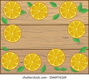 Fresh boarder of fruits on wooden background for your text.