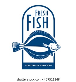 Fresh from the boat seafood icon for fish market label or waterfront cafe badge design usage with blue and white symbol of winter flounder fish