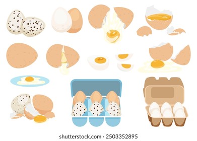 Fresh and boiled eggs mega set elements in flat graphic design. Bundle objects of different colors eggs, cracked eggshell and yolks, slices, products in cardboard containers. Vector illustration.