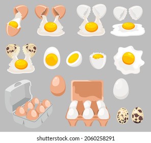 Fresh boiled and fried eggs. Cartoon broken eggs with cracked eggshell, in cardboard box and egg half with yolk. Chicken and quail eggs. Vector illustration