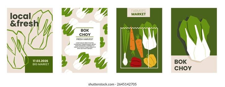 Fresh bok choy illustration. Simple posters with chinese cabbage vegetable for farmers market. Vector templates with copyspace. Set of harvested salad vegetables in minimal hand drawn and flat style. 