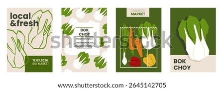 Fresh bok choy illustration. Simple posters with chinese cabbage vegetable for farmers market. Vector templates with copyspace. Set of harvested salad vegetables in minimal hand drawn and flat style. 