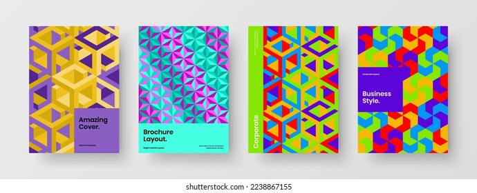 Fresh book cover A4 design vector template composition. Bright geometric hexagons corporate brochure illustration collection.