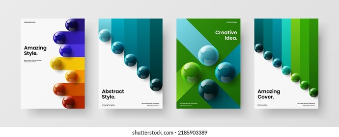 Fresh booklet A4 design vector template composition. Abstract 3D balls leaflet illustration bundle.