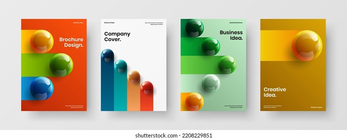 Fresh booklet design vector template collection. Premium realistic spheres catalog cover layout composition.