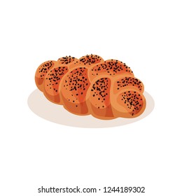 Fresh braided loaf bread with poppy seeds, bakery pastry product vector Illustration on a white background