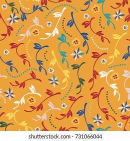 Fresh branches with leaves and flowers. Abstract vector seamless pattern. Fashionable spring colors. Floral background for textile or book covers, design, graphic art, printing and hobby, invitation