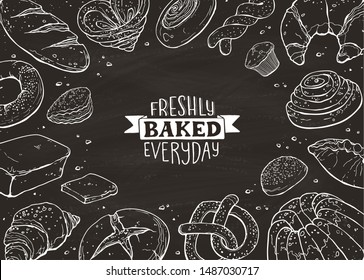 Fresh bread around text banner design. Horizontal frame composition from hand drawn bread in sketch style. Vector illustration for bakery shops.